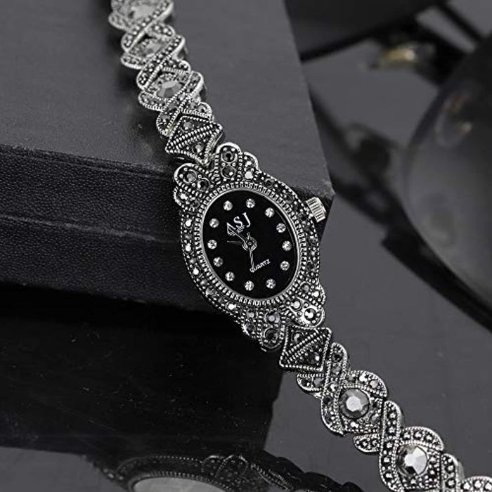 Montre Femme Pas Cher Gothique Strass en Acier Inoxydable Noir