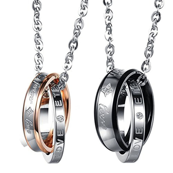Cupimatch 2 Stück Paar Halskette Anhänger Ring Verflochtener Ring Edelstahl + Zirkon mit 45cm und 50cm Kette für Männer und Frauen oder Paare - Das Symbol der Freundschaft