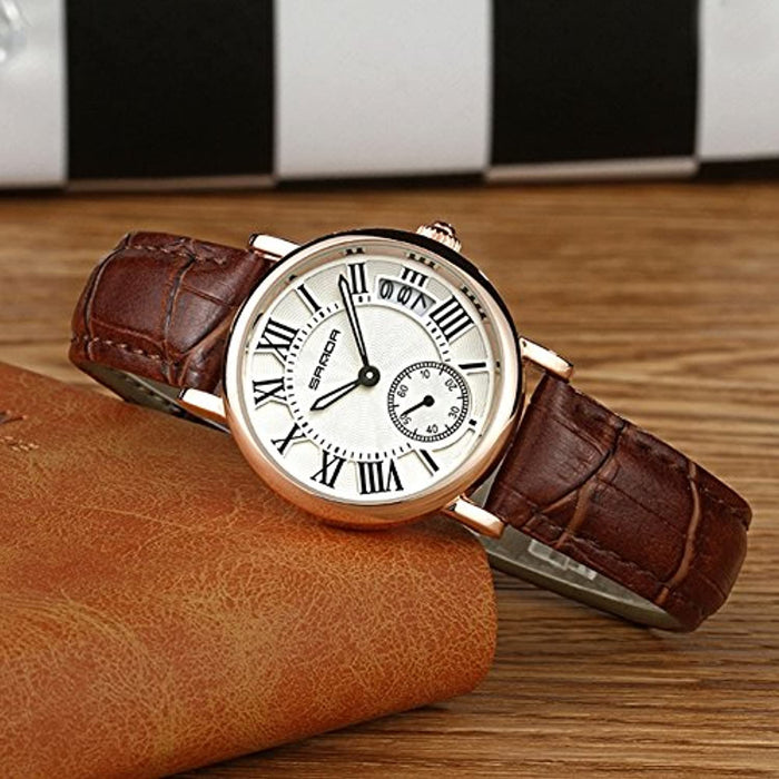 Montre Femme Dorée Bracelet en Cuir