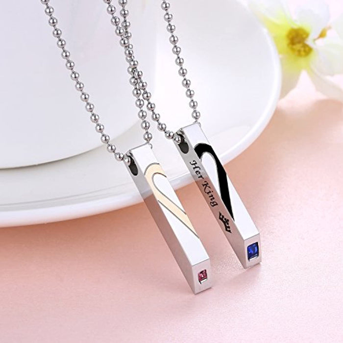 Collier Pendentif pour Amoureux Couple Puzzle Coeur Oxyde de Zirconium Acier Inoxydable His Queen Her King Argent Or Rose Noir Cadeau de Anniversaire de Mariage St-Valentin Fiançailles