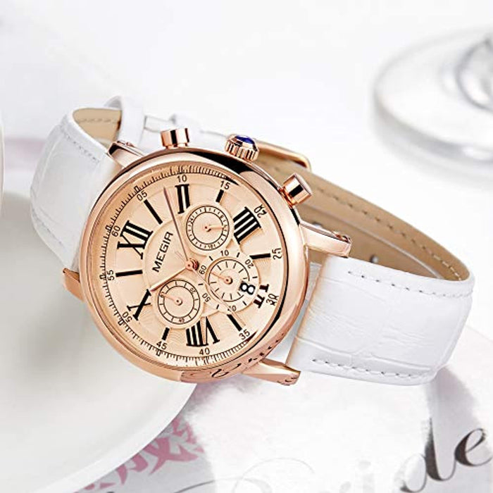 Montres Femme Quartz Etanche Bracelet Cuir Véritable Chronographe Montre-Bracelet