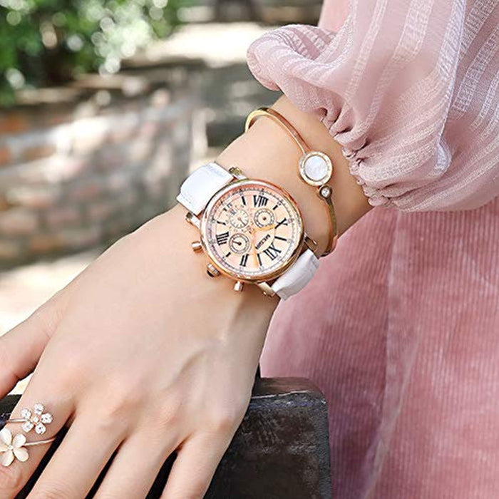 Montres Femme Quartz Etanche Bracelet Cuir Véritable Chronographe Montre-Bracelet