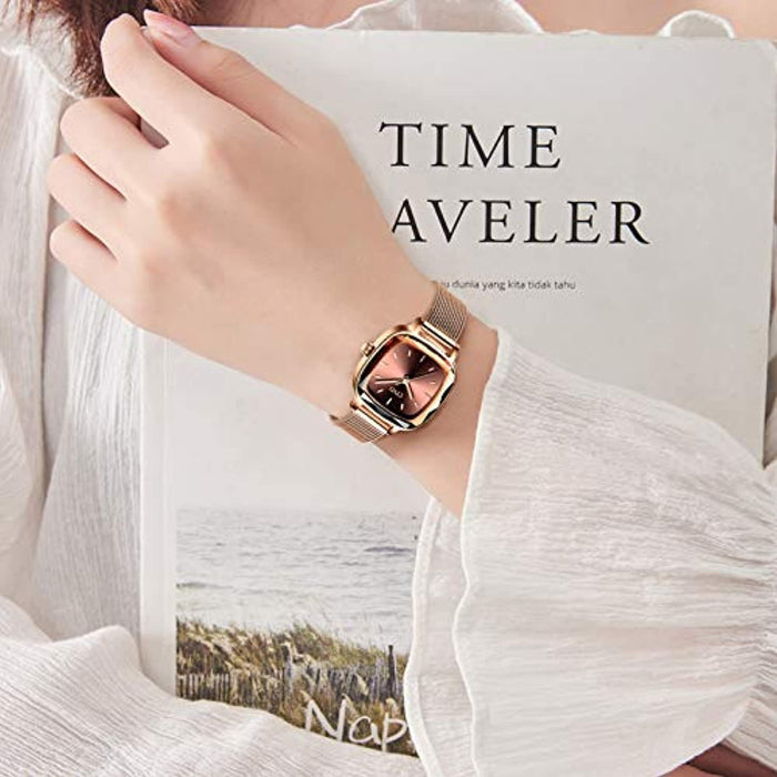 Montre Femme Dorée Cadran Rectangulaire Acier Inoxydable Or Rose