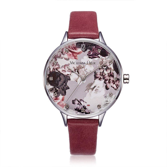 VICTORIA HYDE Mode Dames Montre Floral Fleur Face Quartz Analogique Affichage Véritable Sangle en Cuir d'eau Preuve