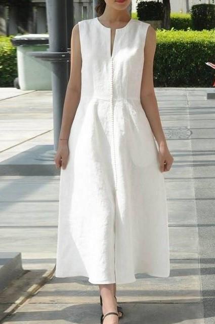 White Bohemian Cotton Long Sleeveless Dress