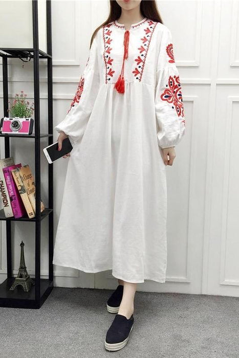 Long White Embroidered Bohemian Dress