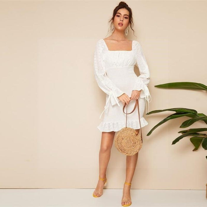 Short White Bohemian Dress with English Embroidery