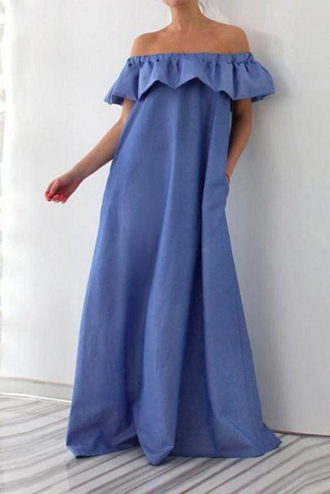 Robe Longue Bohème Bleu à Volants