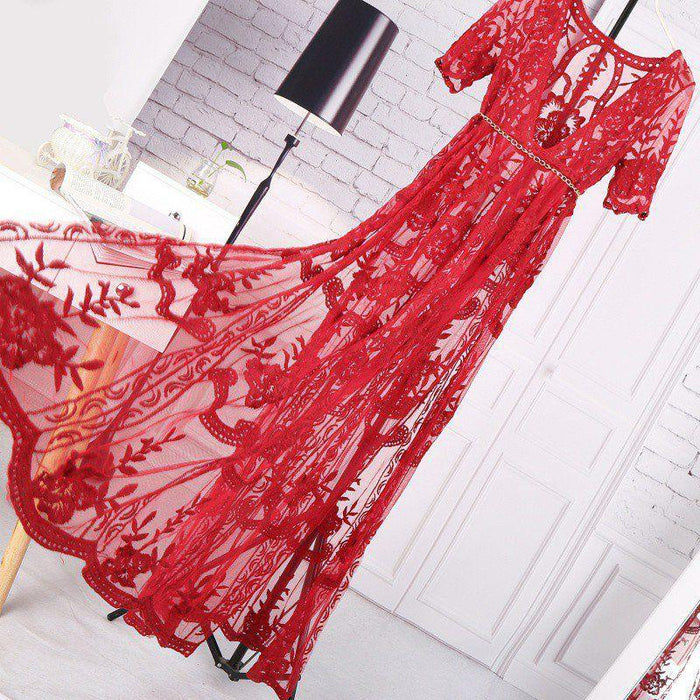 Long Bohemian Lace Dress Burgundy