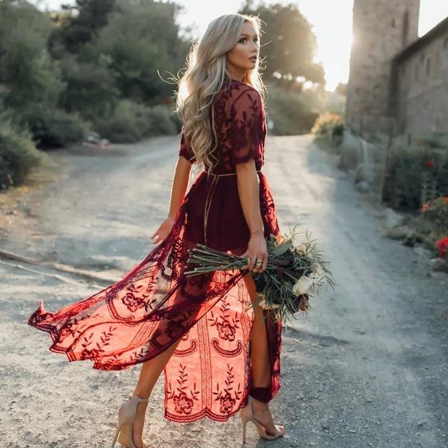 Long Bohemian Lace Dress Burgundy