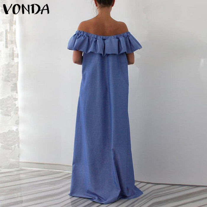 Robe Longue Bohème Bleu à Volants